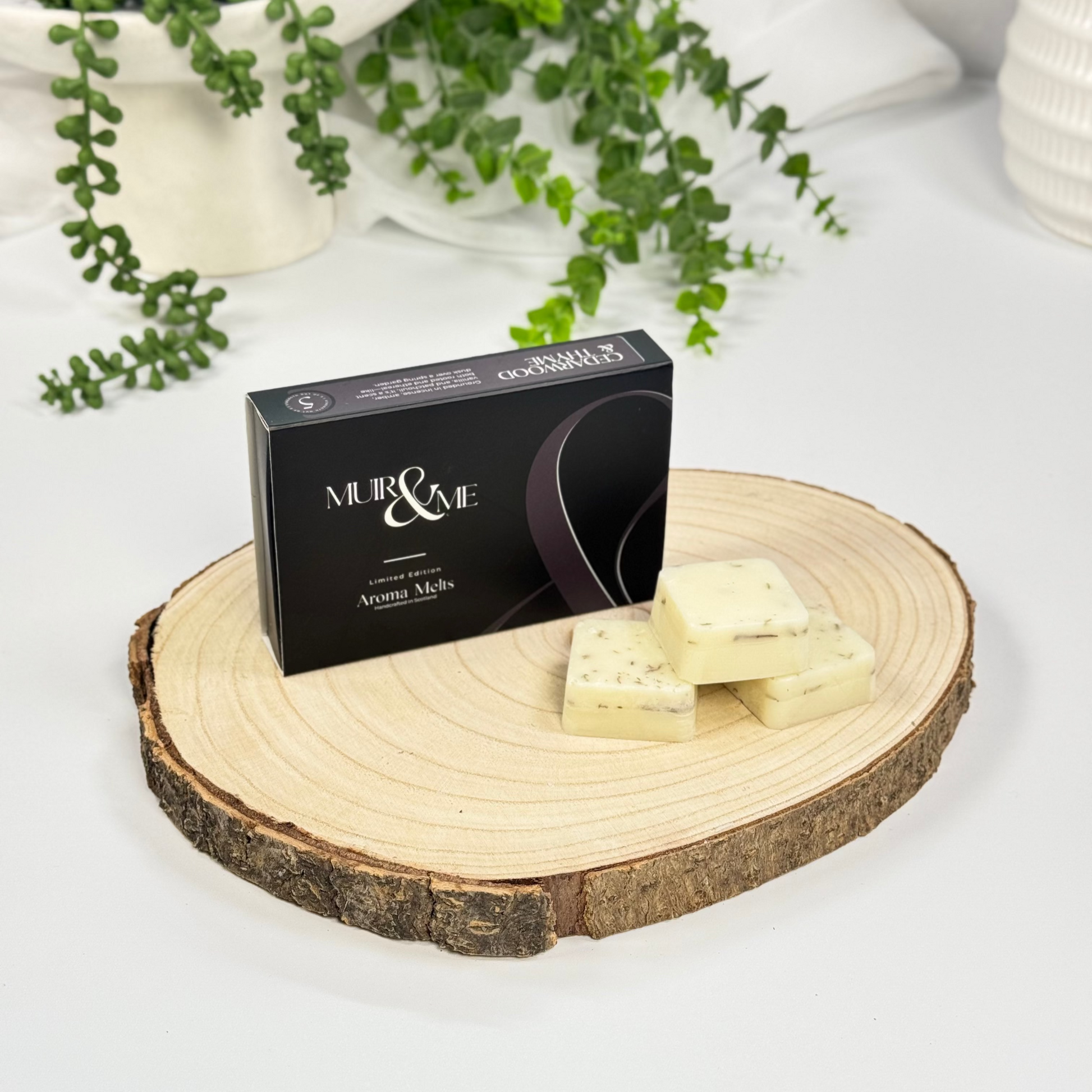 Two bars of soap on a wooden stand with a box labeled 'Muir & Me' on a white surface with greenery.