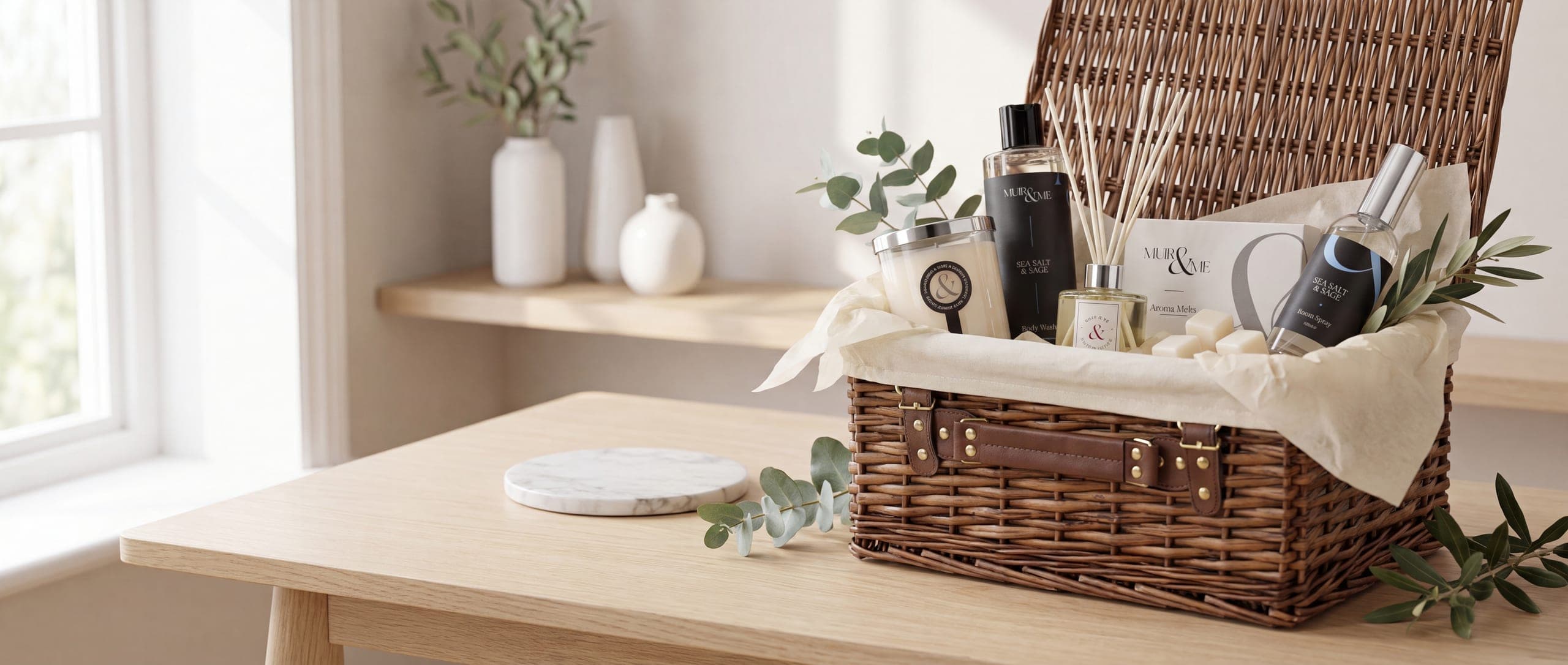 A Muir & Me edit of a candle, reed diffuser and body care presented in a wicker hamper