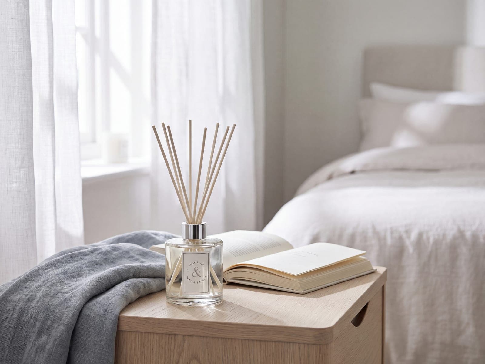 A Muir & Me Pear & Freesia diffuser in a peaceful home